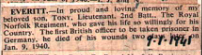   Obituarie of Lady Elise May Everitt in the
 England, Andrews Newspaper Index Cards, 1790-1976 